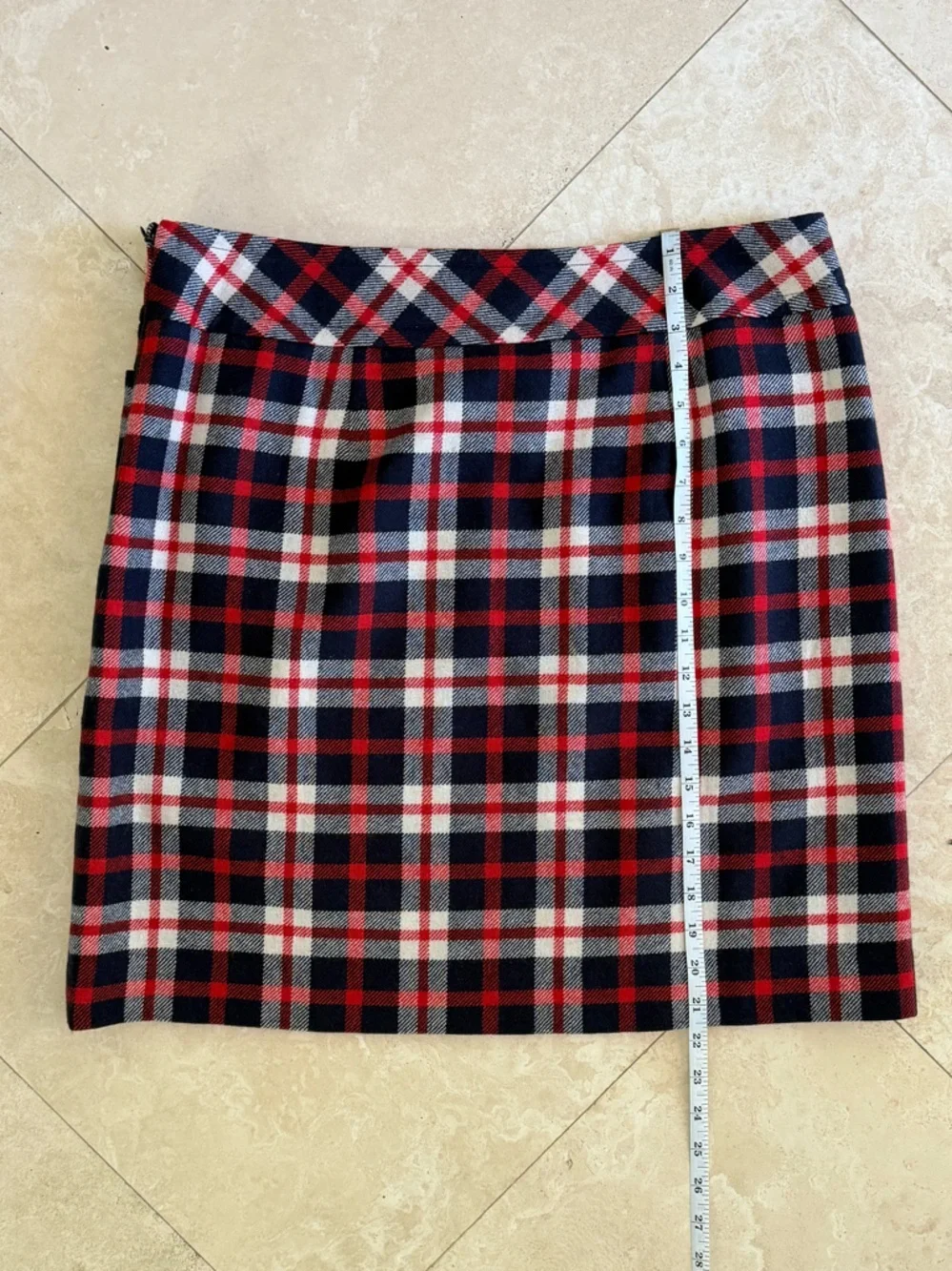 🇺🇸 Talbots Navy Red White Blue Plaid A-Line Mini Skirt Wool Blend Size 14 EUC